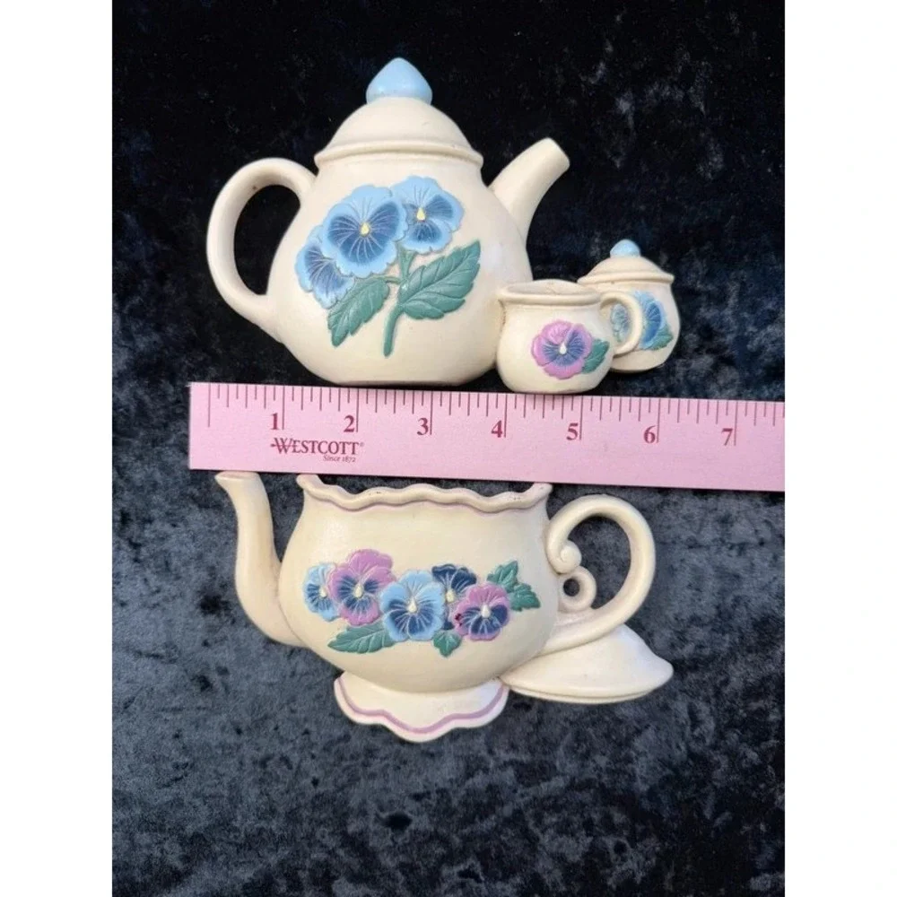 Vintage 1995 Burwood Pansy Teapot Wall Plaques Set of 2 USA Cottagecore